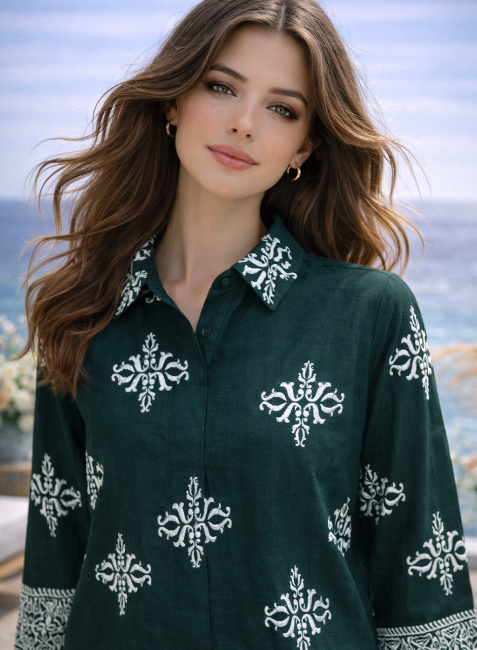 Printed Two-Piece Shirt And Trouser Dark Green