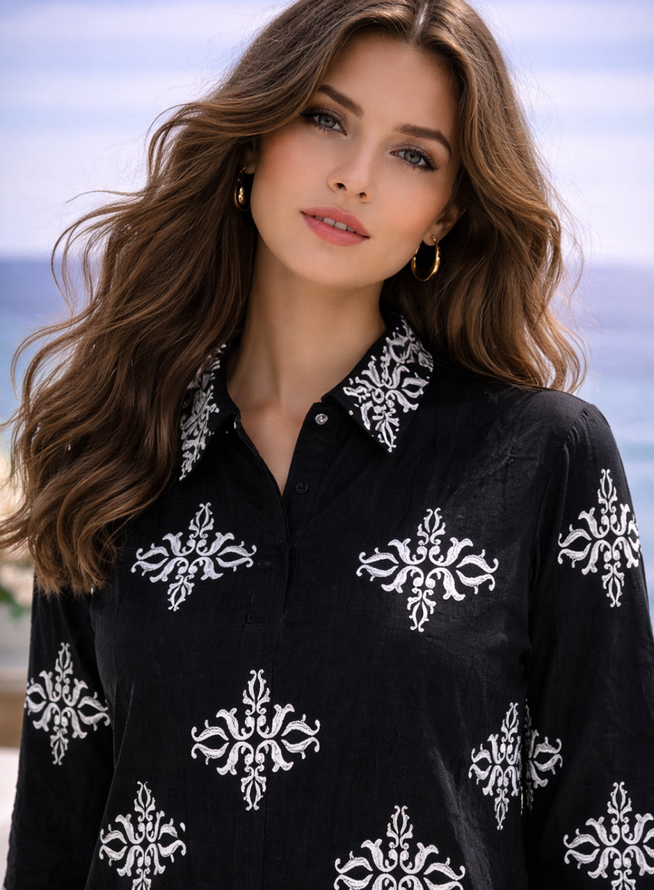 Collar Printed Two-Piece Shirt And Trouser Black