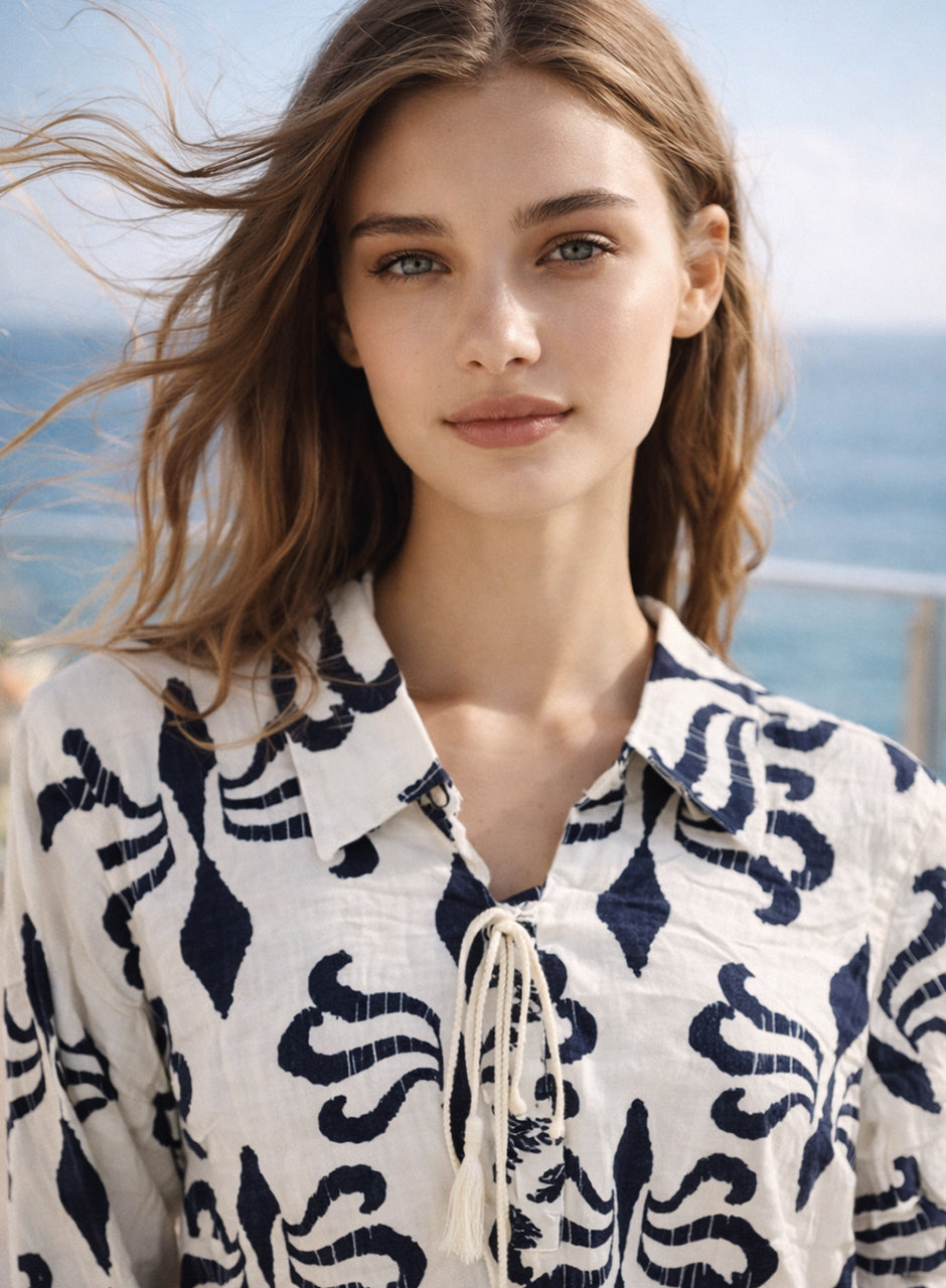Collar Printed Two-Piece Shirt And Trouser Midnight Blue