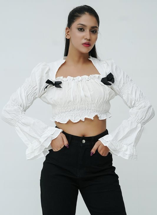 Pleated Tiered Sleeve Blouse - white