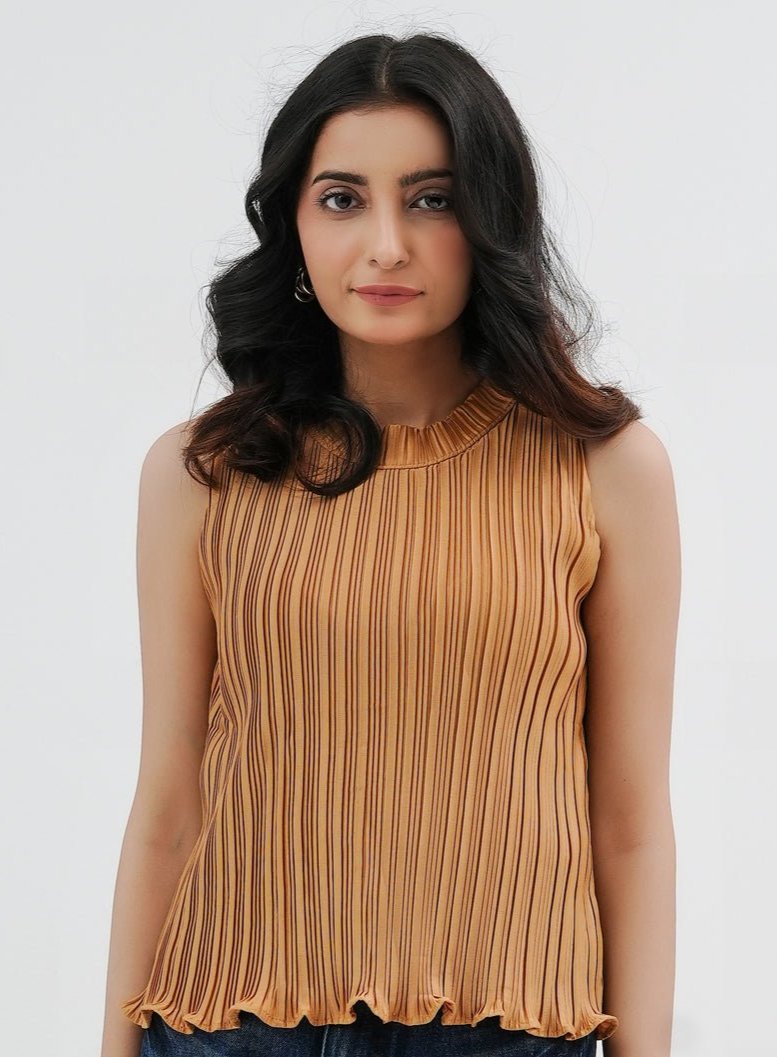 Pleated top with funnel neck - Brown