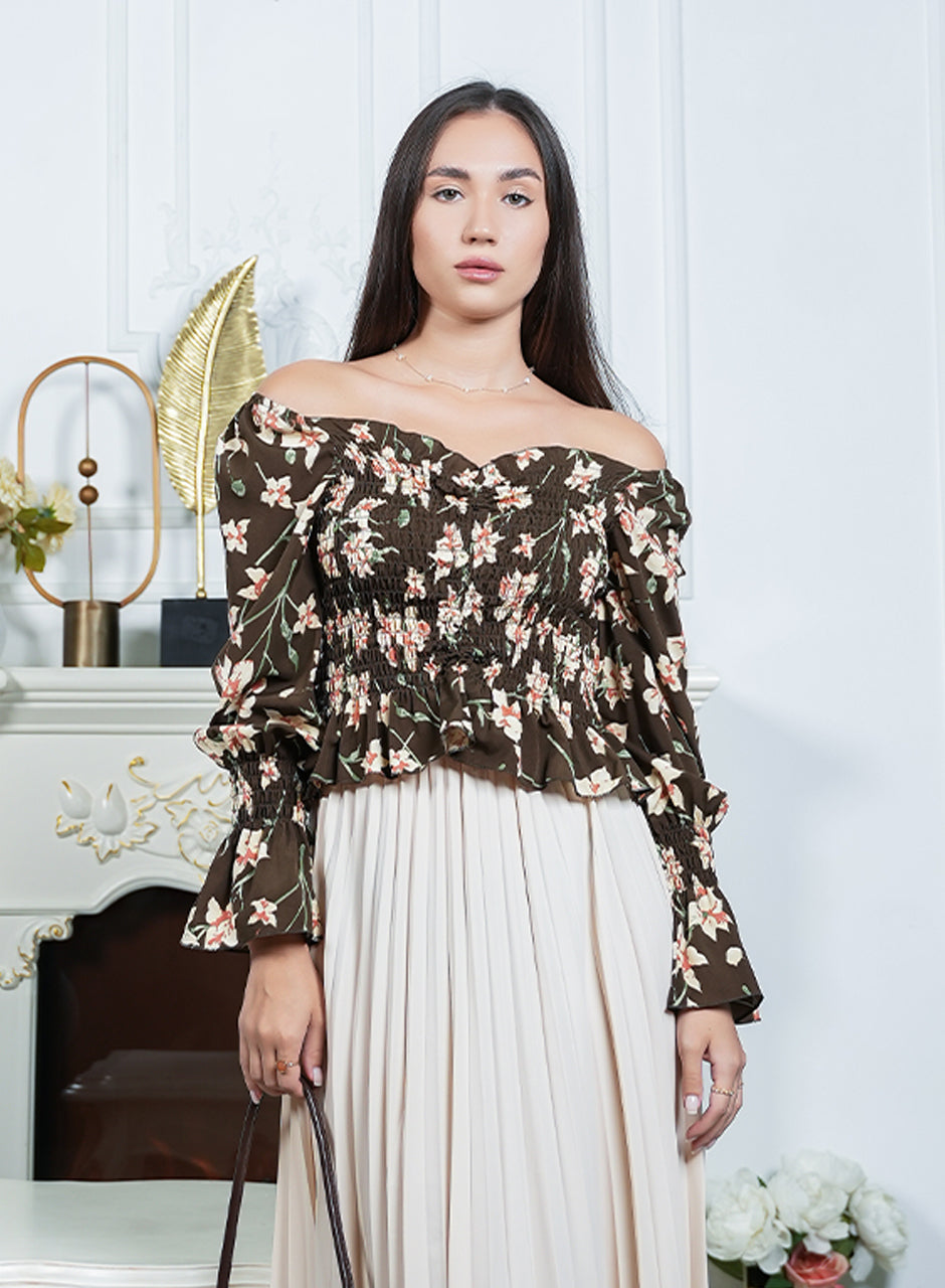 Bloom Burst – Brown Frilled Top