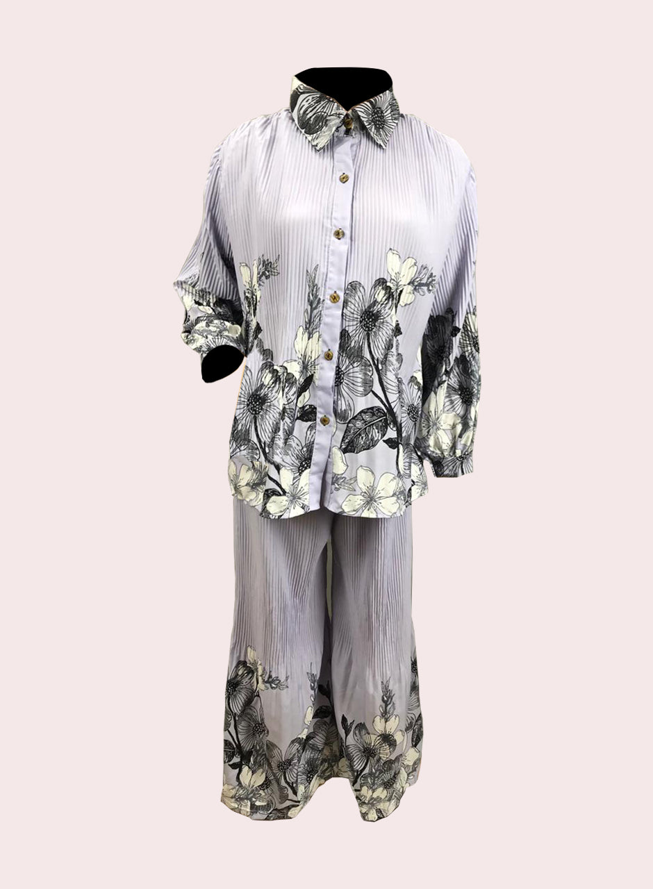 Printed Crepe Shirt & Trouser - Grey