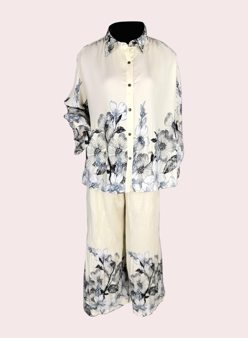 Printed Crepe Shirt & Trouser - White