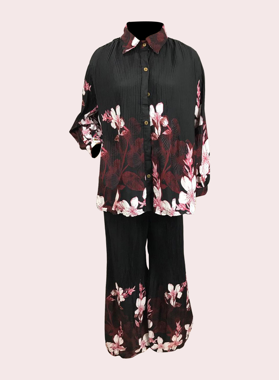 Printed Crepe Shirt & Trouser - Black