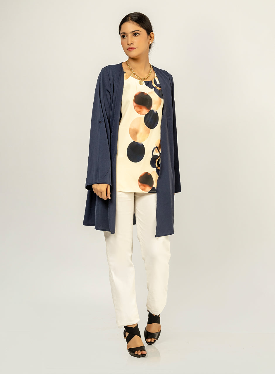 Navy Blue Cardigan With Printed Inner Top