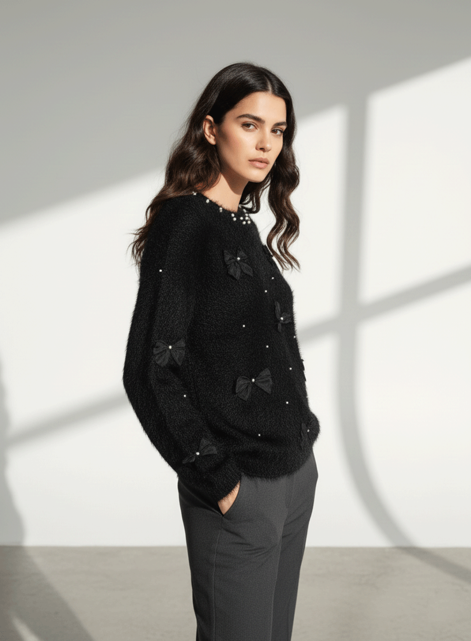 Fuzzy Bow Sweater - Black