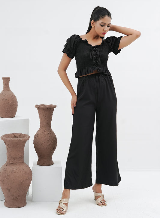 Pleated Crop Top & Pants Set - Black