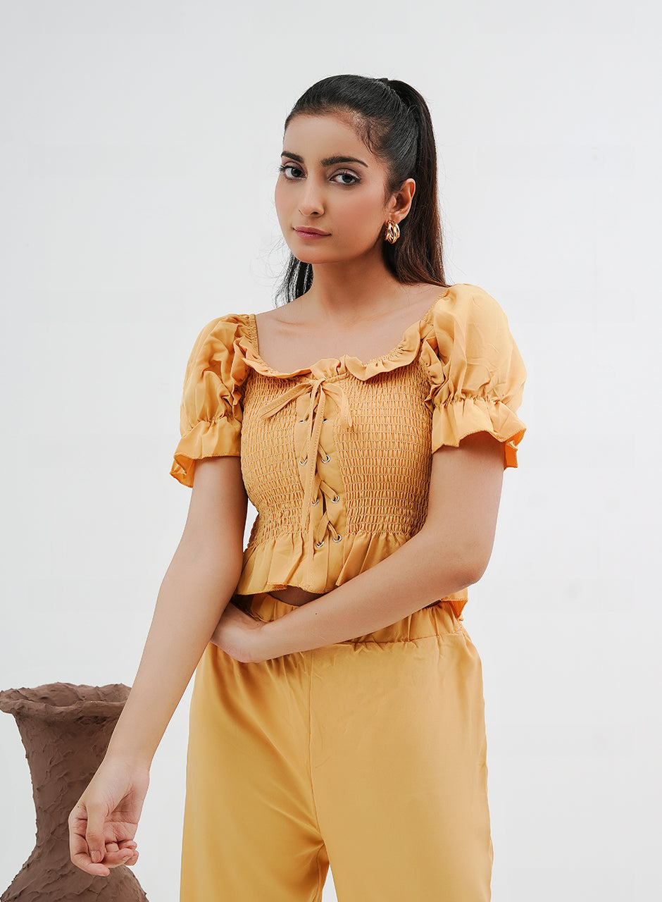 Pleated Crop Top & Pants Set - Yellow