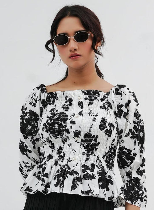 Pleated Printed Top - White