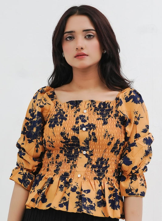 Pleated Printed Top - Mustard