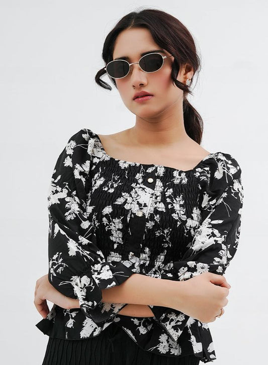 Pleated Printed Top - Black