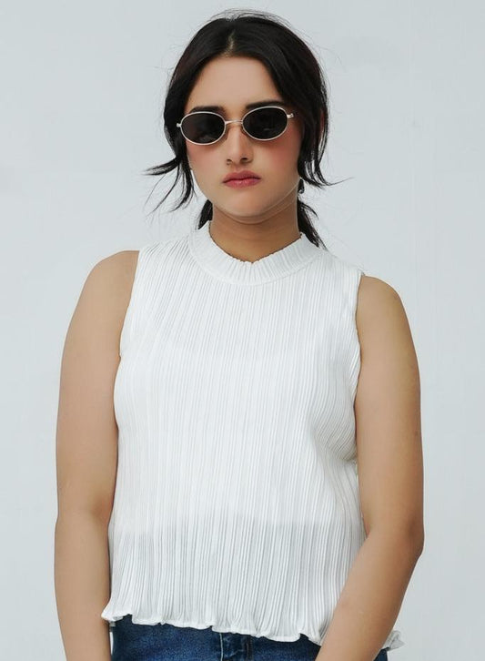Pleated top with funnel neck - White