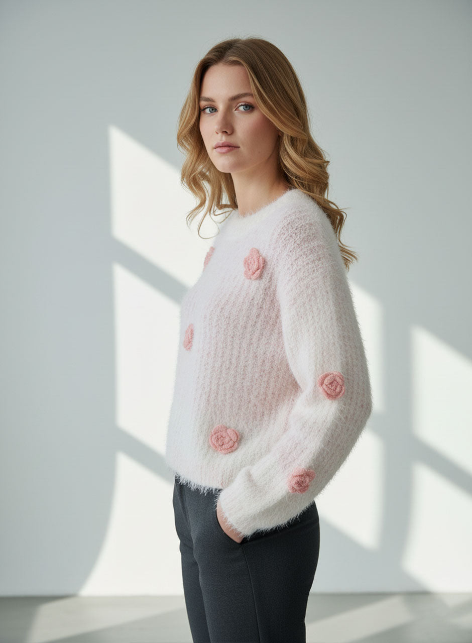 Fuzzy Bloom Knit Sweater - Pink