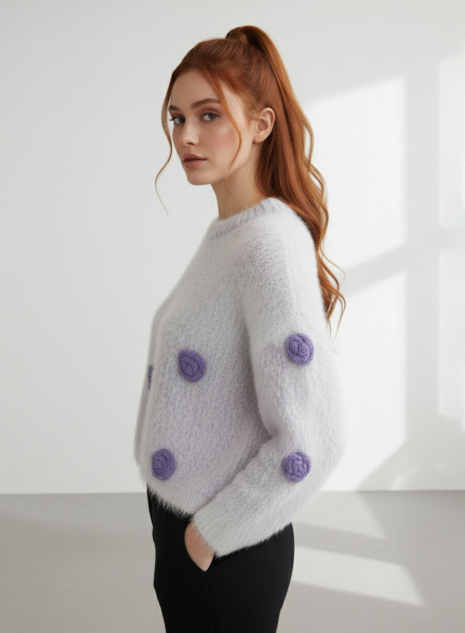 Fuzzy Bloom Knit Sweater - Purple