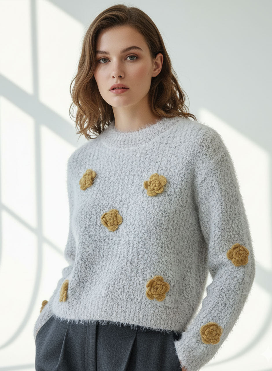 Fuzzy Bloom Knit Sweater - Yellow