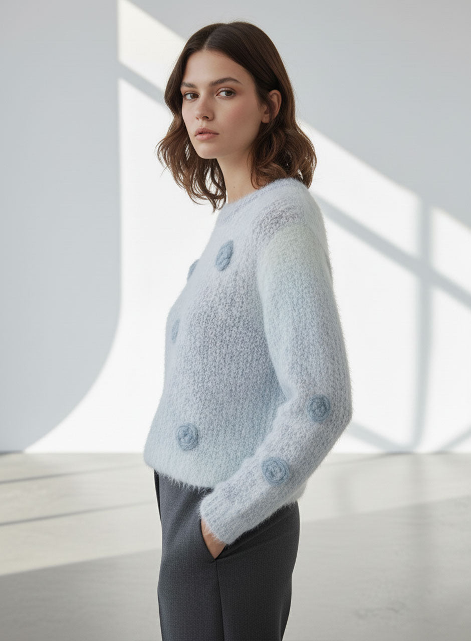 Fuzzy Bloom Knit Sweater - Grey