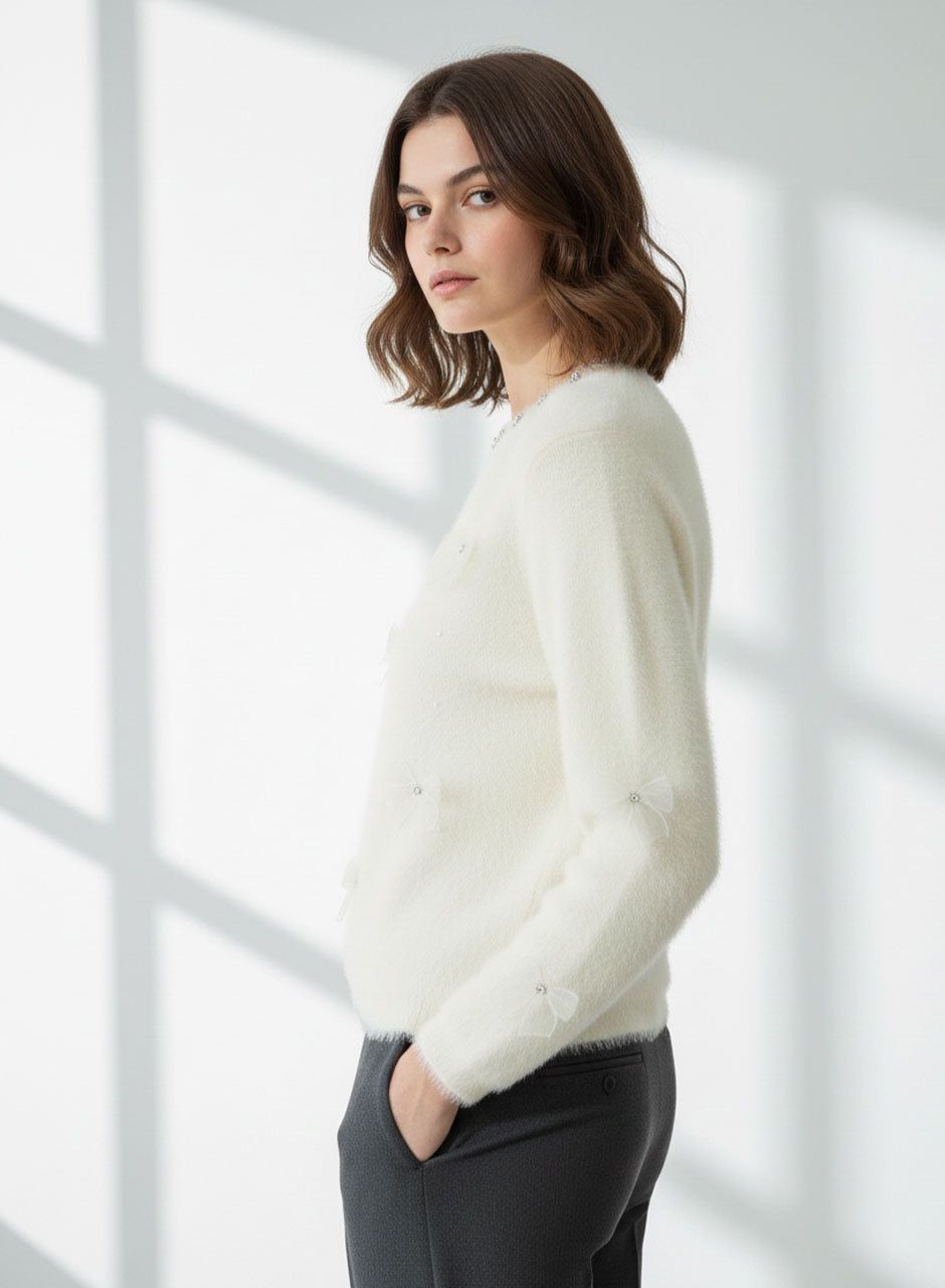Fuzzy Bow Sweater - Ivory