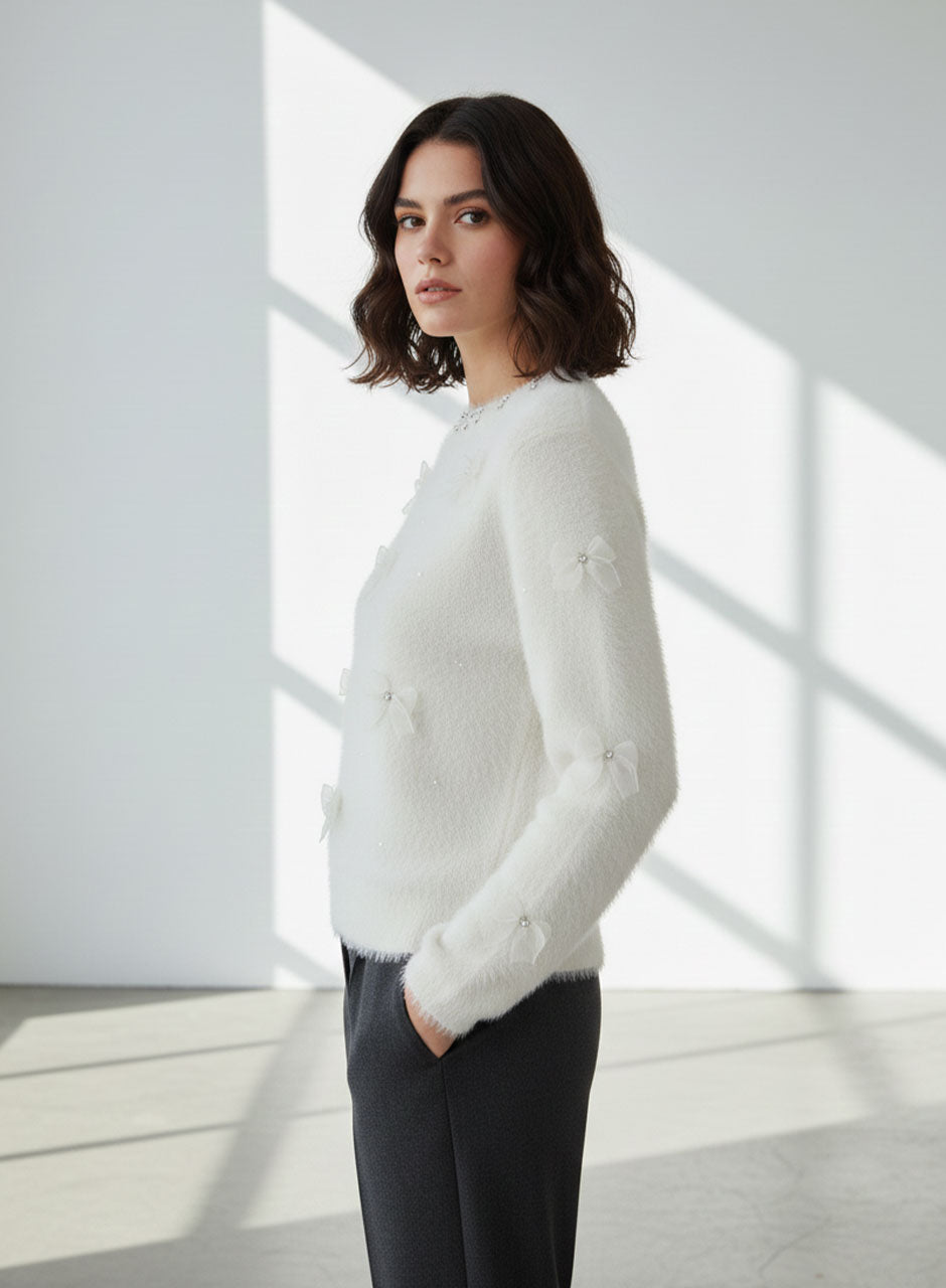 Fuzzy Bow Sweater - White