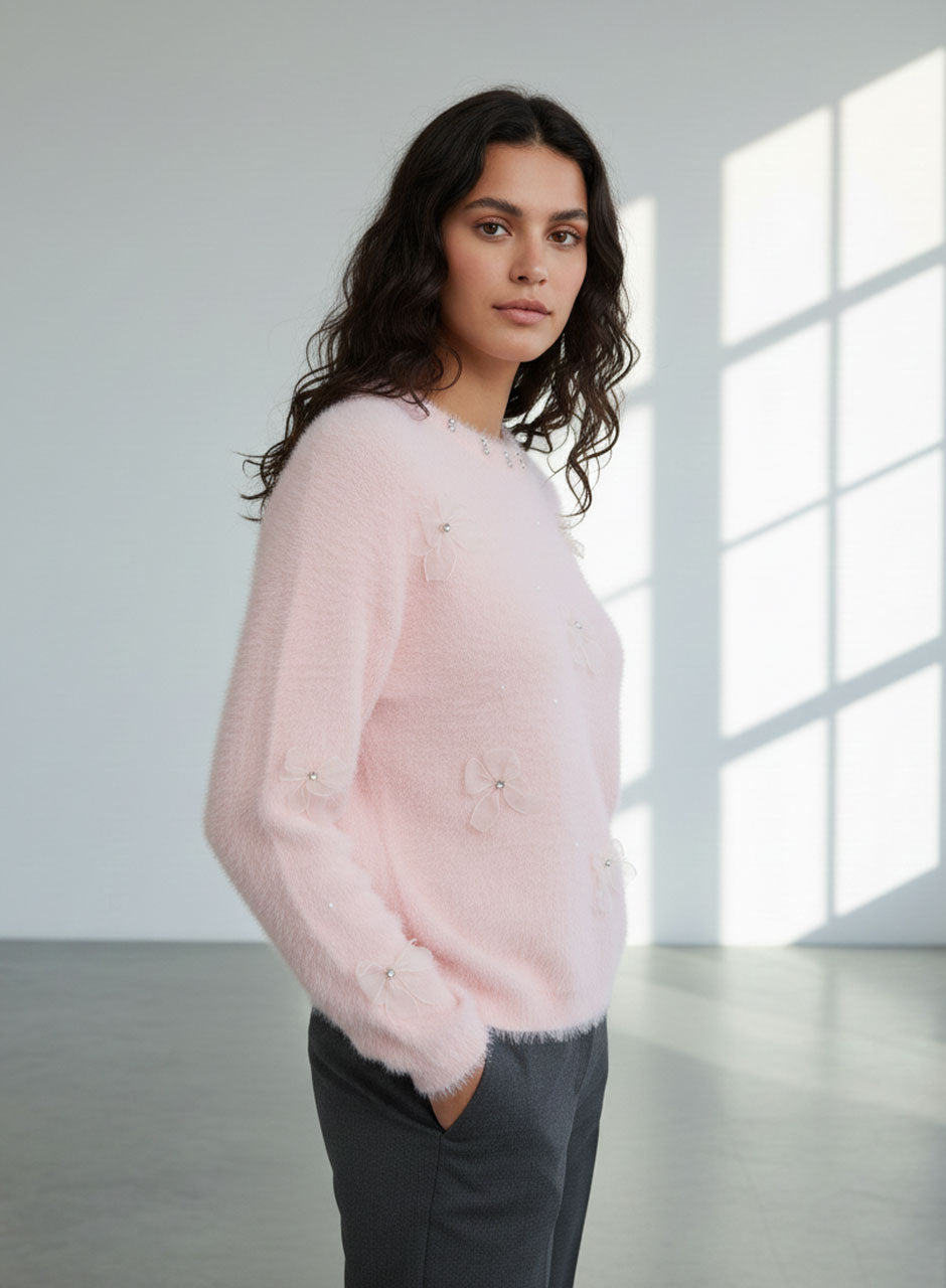 Fuzzy Bow Sweater - Pink