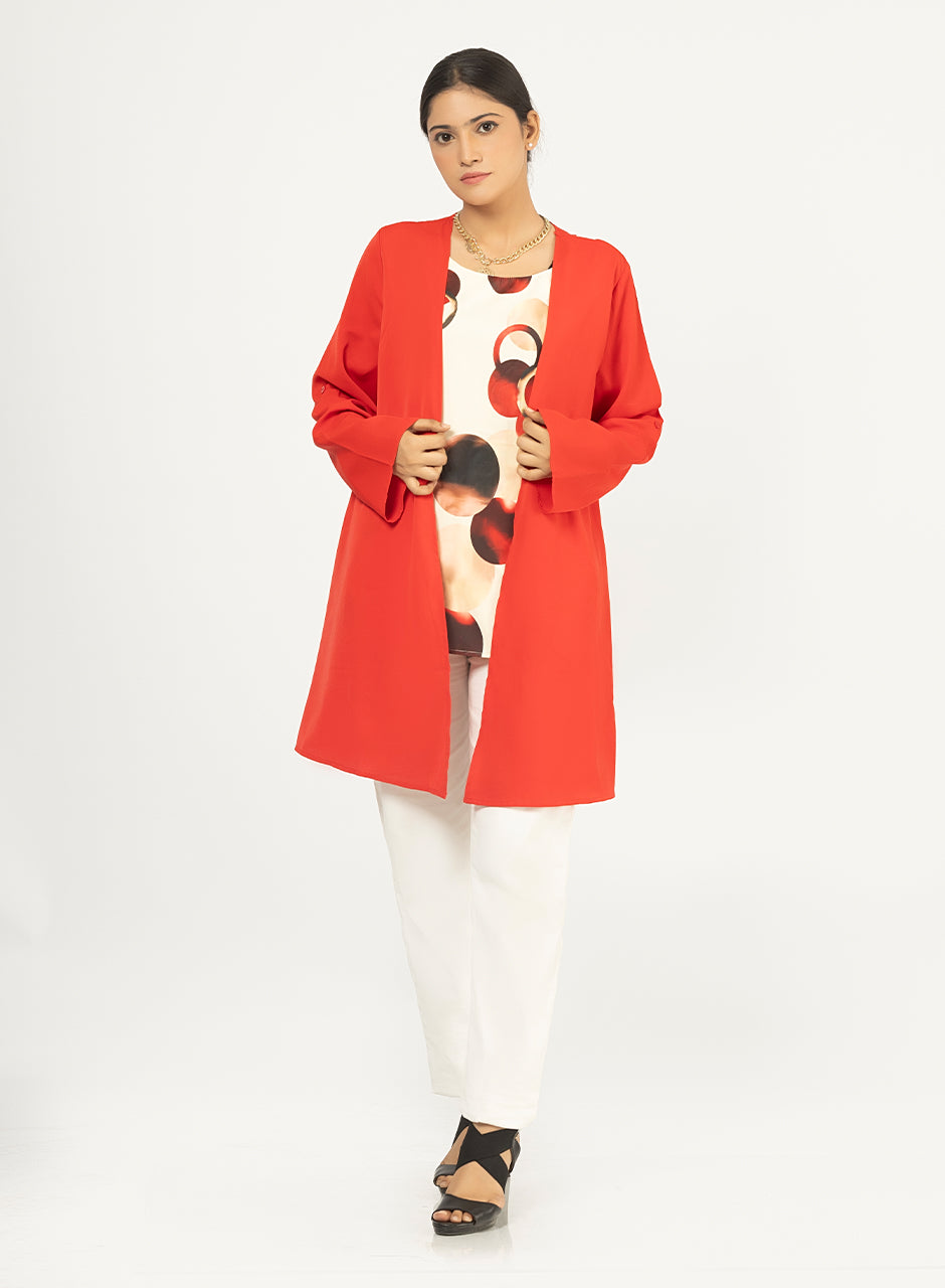 Red Cardigan With Printed Inner Top