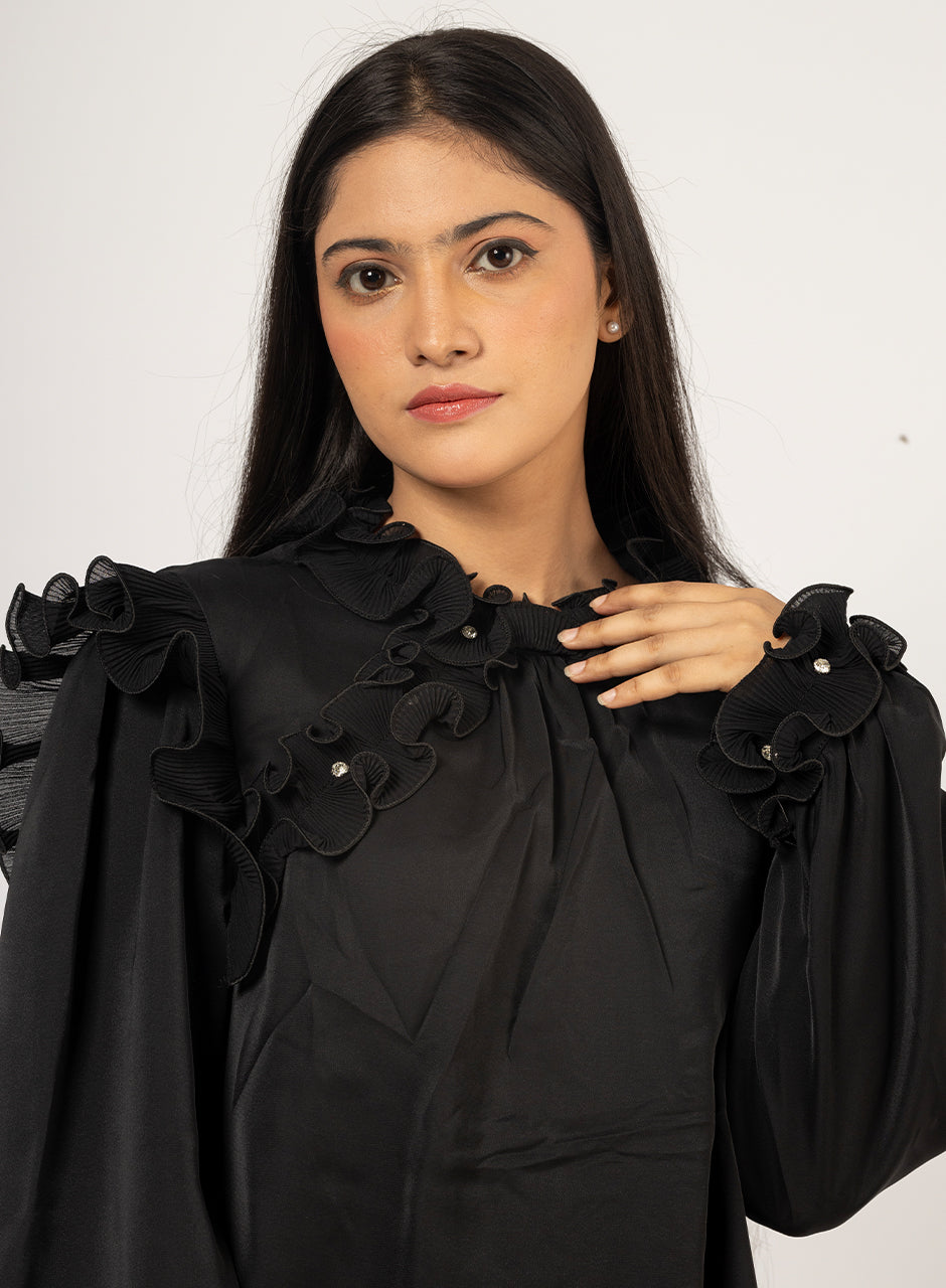 Black Ruffle Top With Gemstone