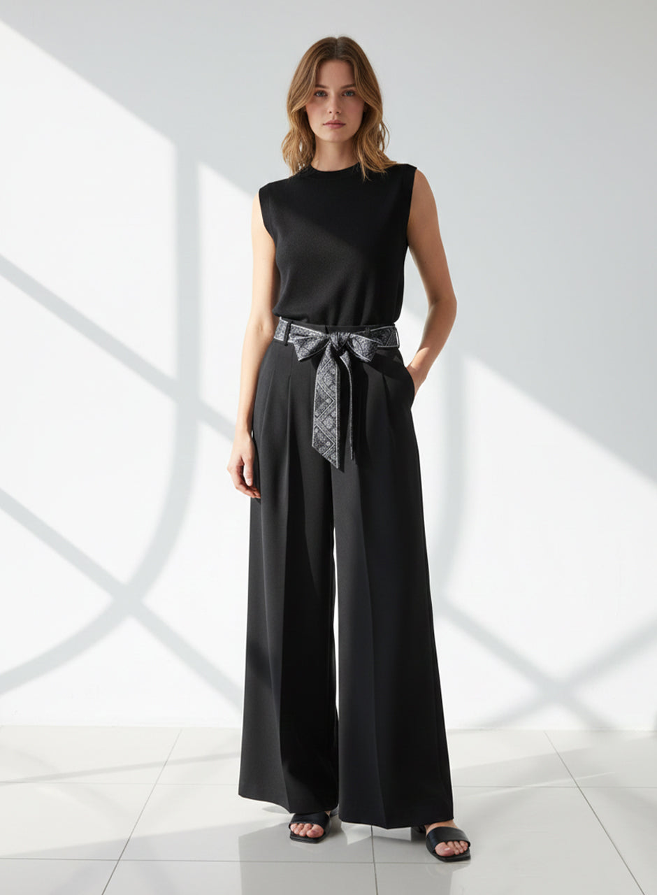 Ribbon Belt Wide-Leg Trouser (Black)