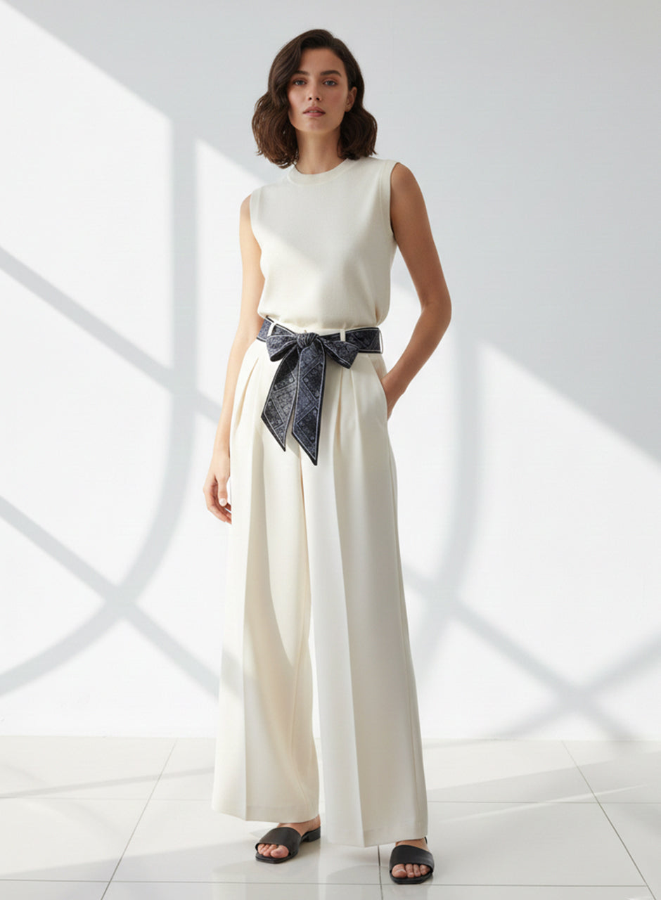 Ribbon Belt Wide-Leg Trouser (White)