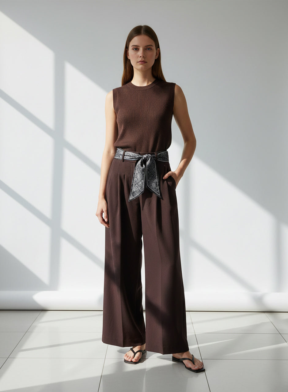 Ribbon Belt Wide-Leg Trouser (Brown)
