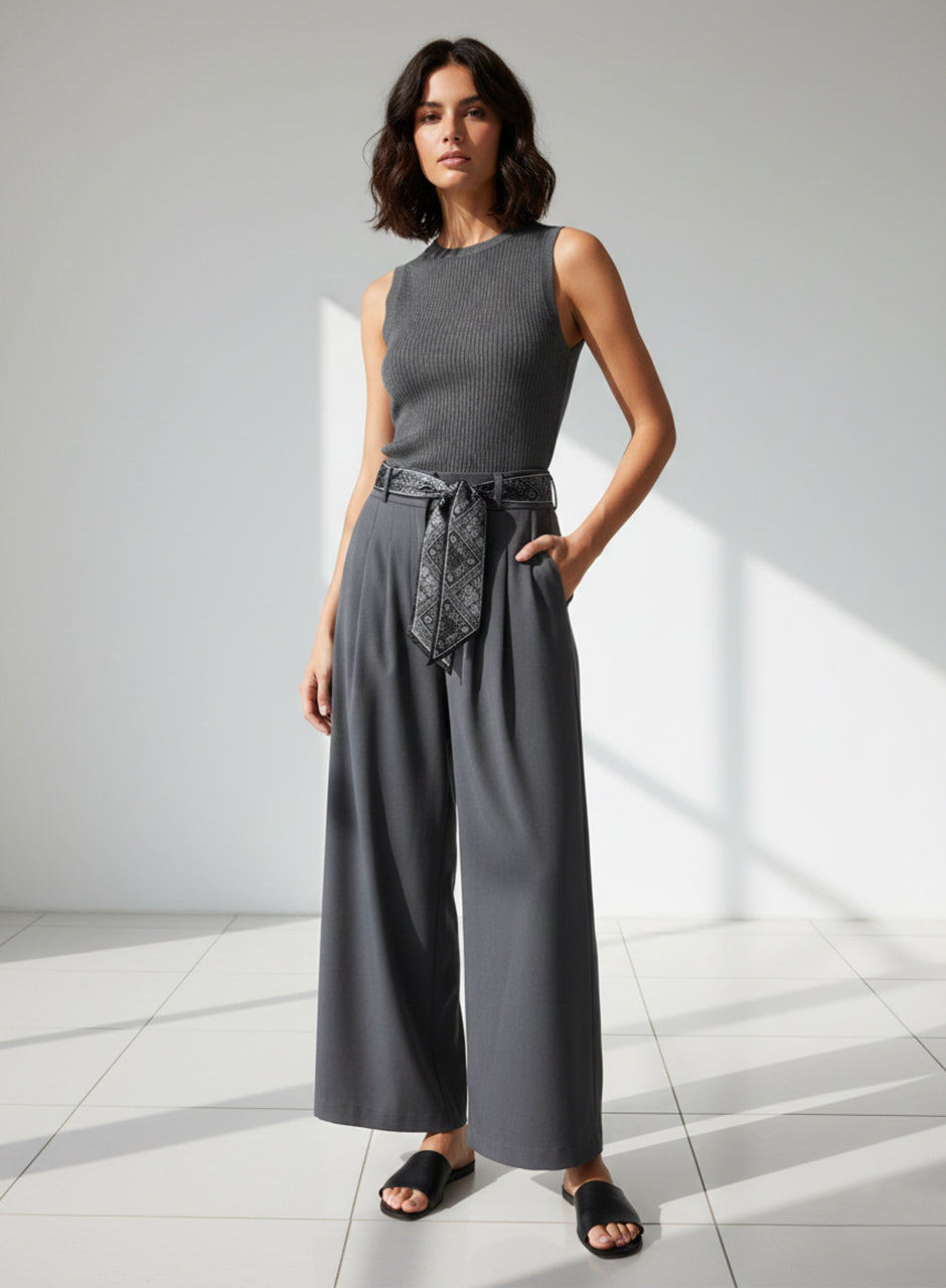 Ribbon Belt Wide-Leg Trouser (Grey)