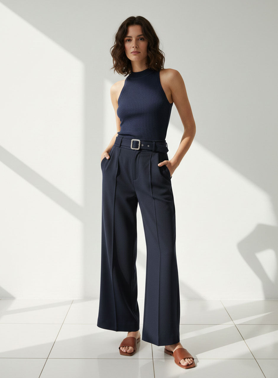 Wide-Leg Trouser With Belt (Navy)