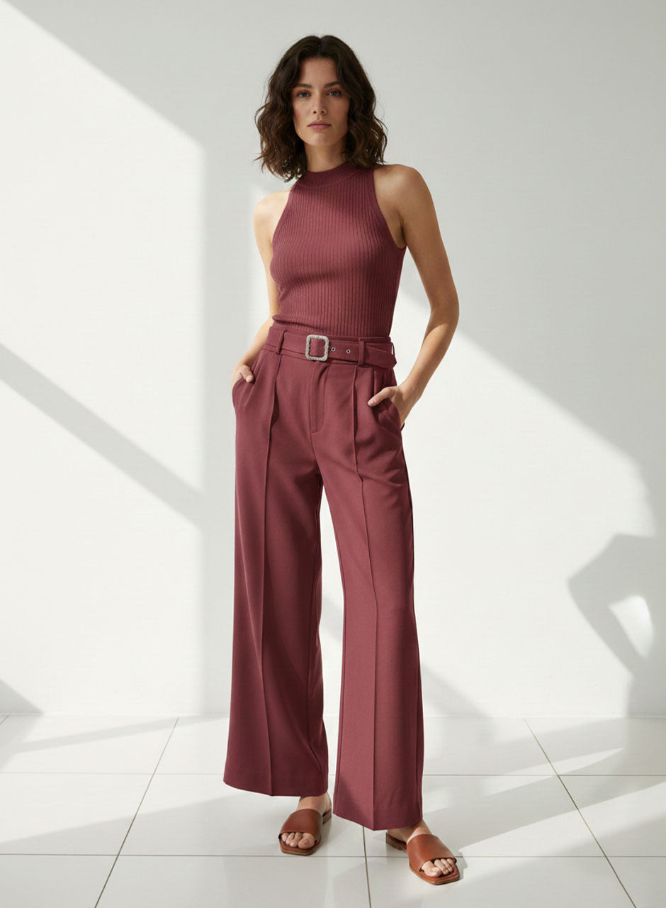 Wide-Leg Trouser With Belt (Maroon)