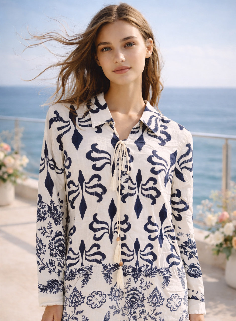 Collar Printed Two-Piece Shirt And Trouser Midnight Blue
