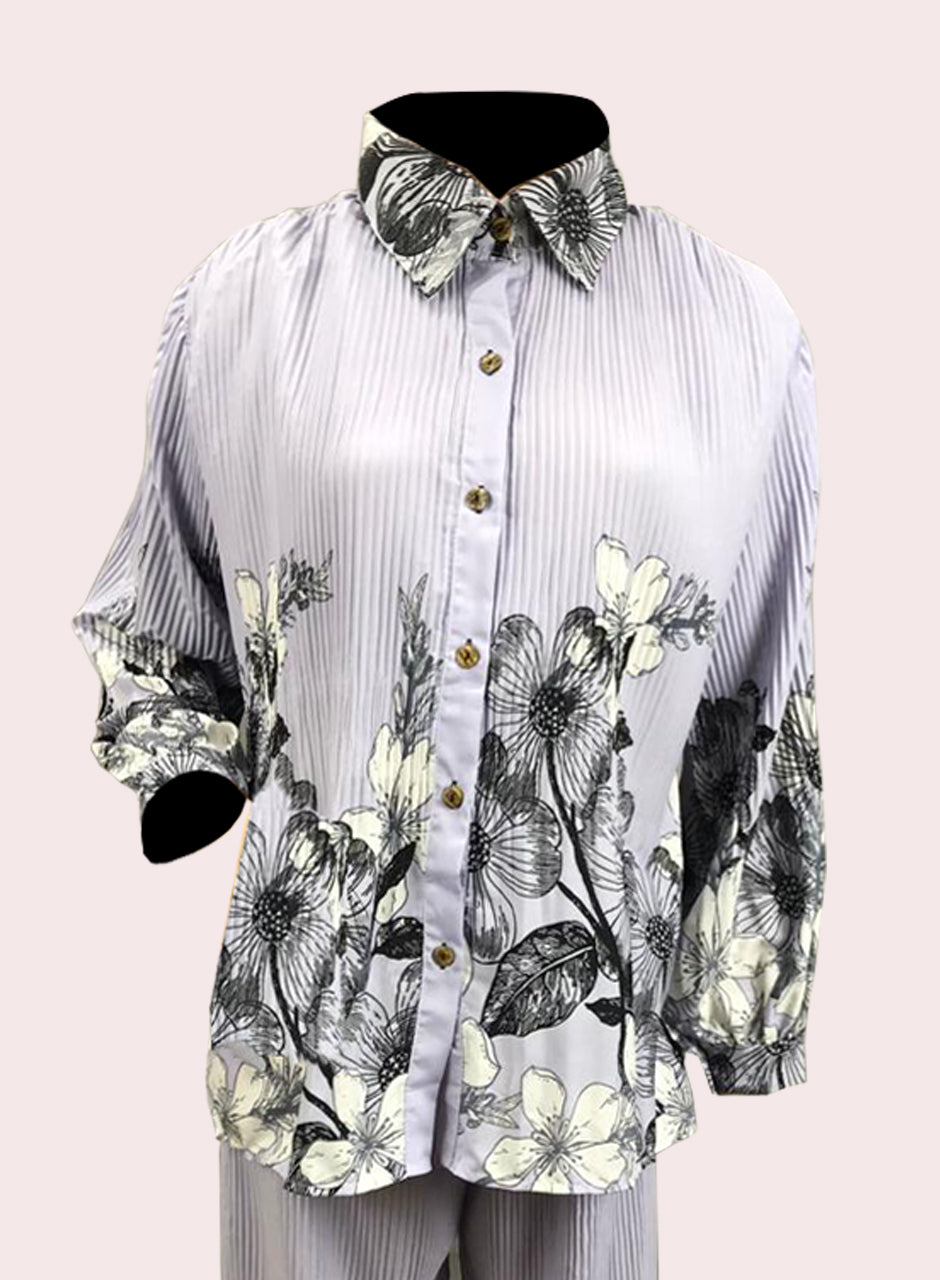 Printed Crepe Shirt & Trouser - Grey