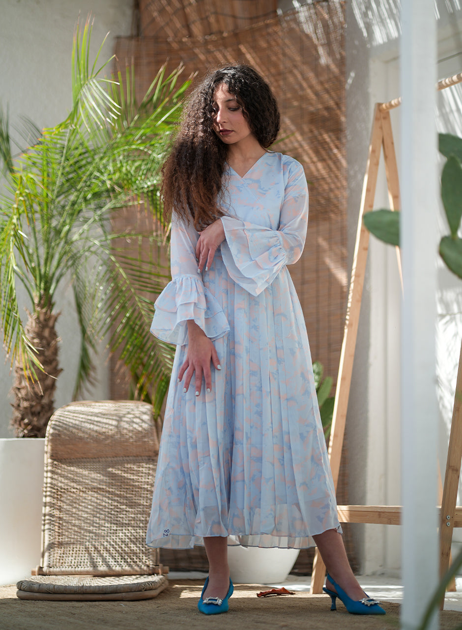 La Fleur - Glacier Garden Frilled Sleeves Maxi Dress