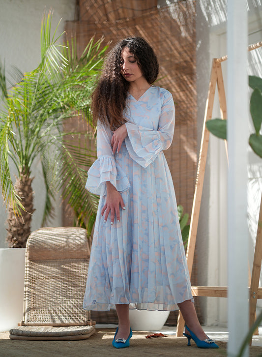 La Fleur - Glacier Garden Frilled Sleeves Maxi Dress