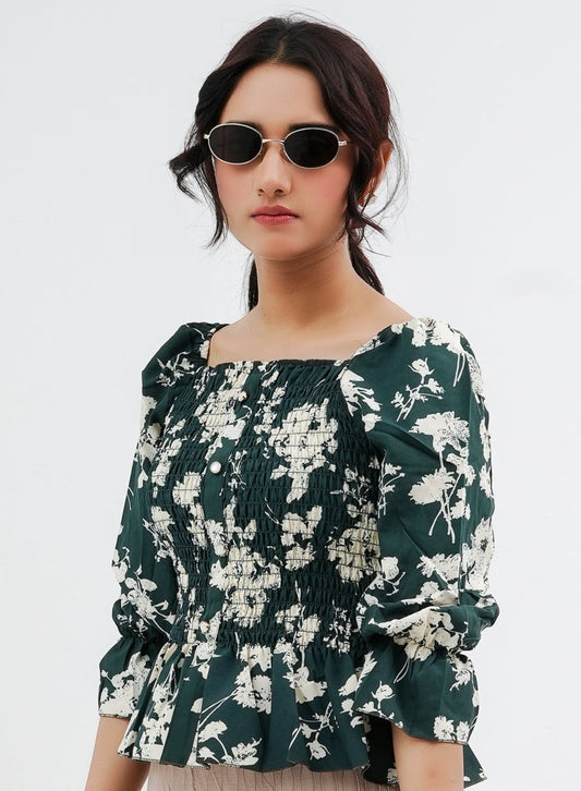 Pleated Printed Top - Green