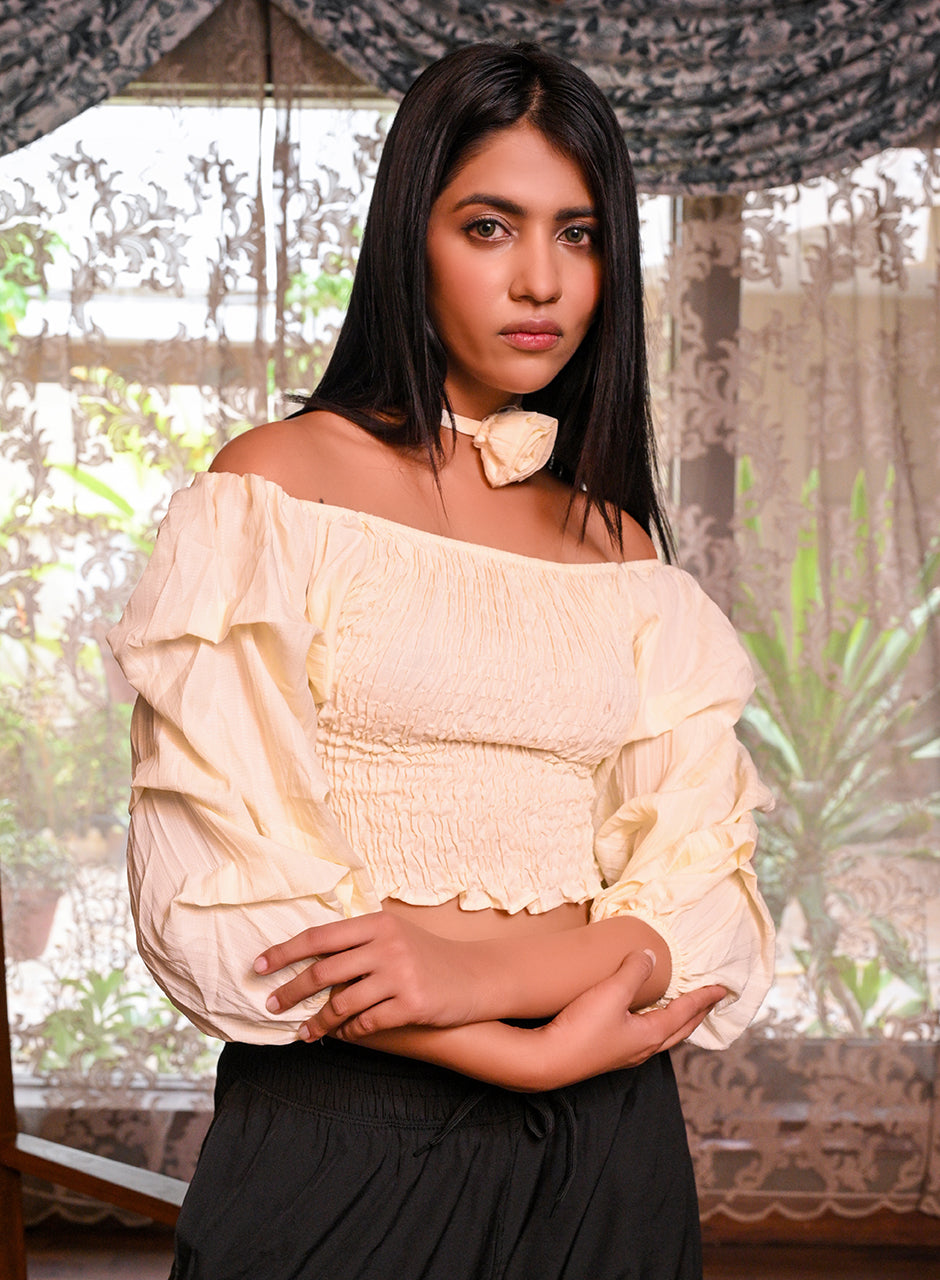 Off-shoulder Pleated Top - Champagne