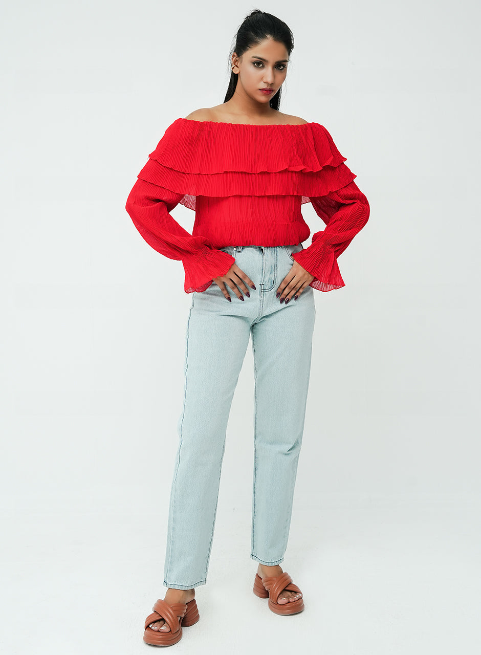 Layered Off-Shoulder Top - Crimson