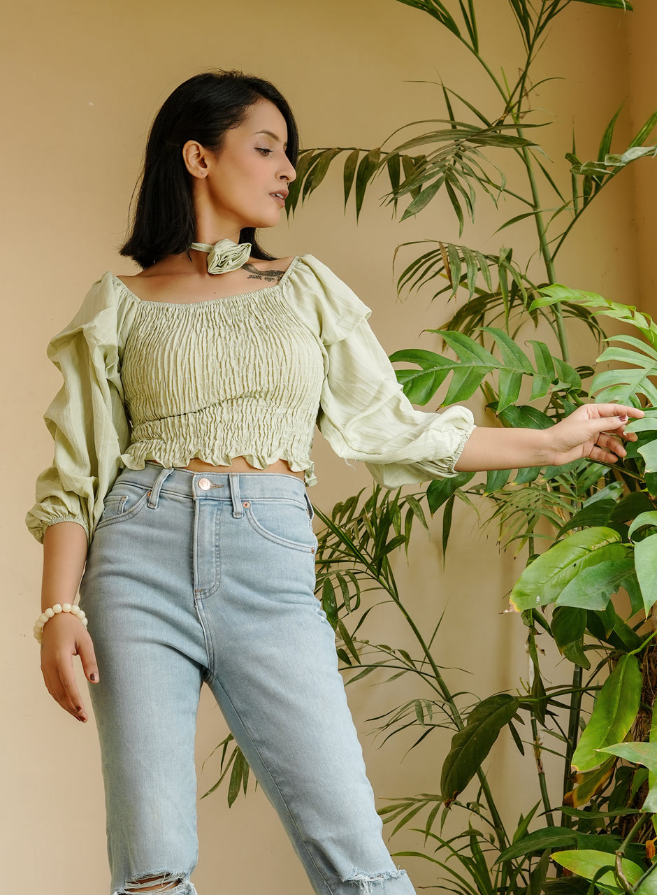 Pastel Green Pleated Top with Rose-Shaped Neck Piece