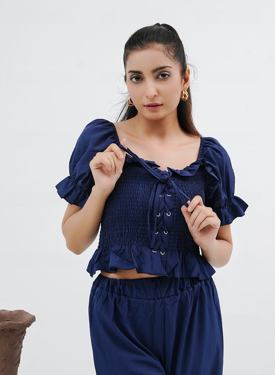 Pleated Crop Top & Pants Set - Blue