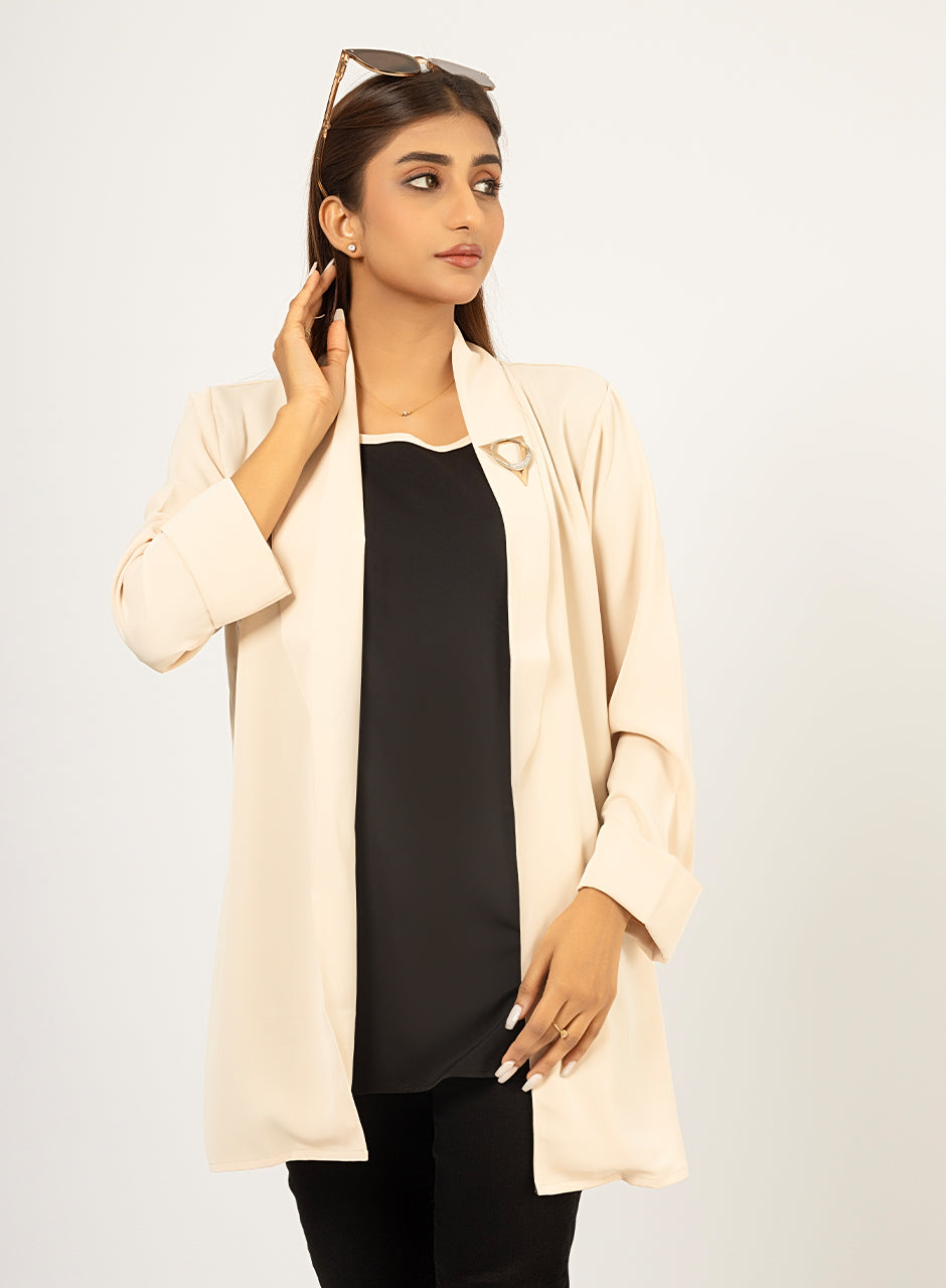Beige Blazer With Black Inner Top - Main Image