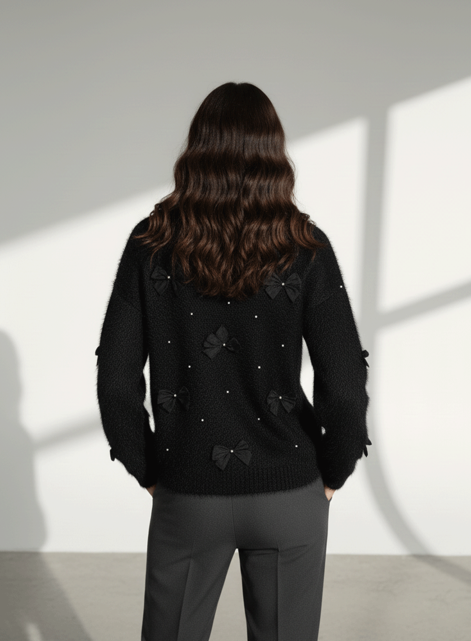Fuzzy Bow Sweater - Black