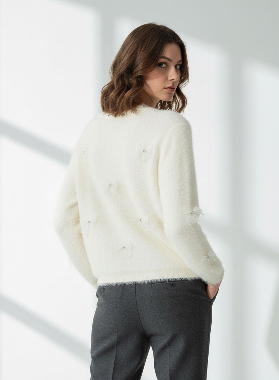 Fuzzy Bow Sweater - Ivory