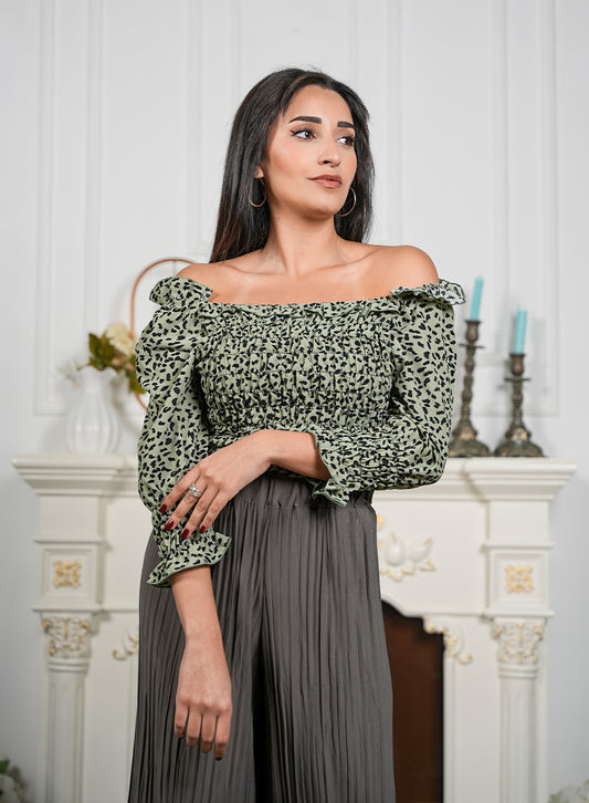 Spotted Green Frilled Off-Shoulder Top