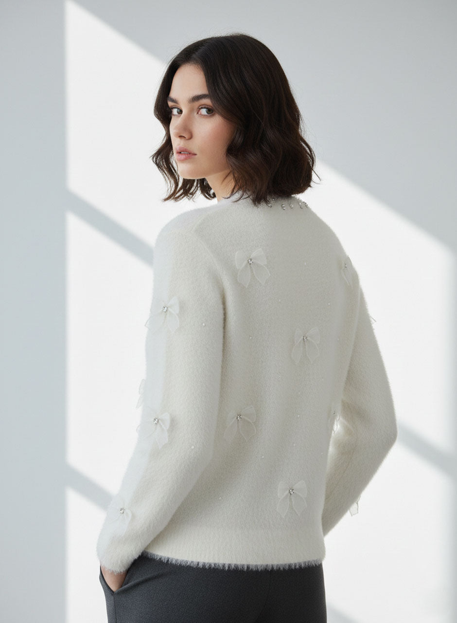 Fuzzy Bow Sweater - White