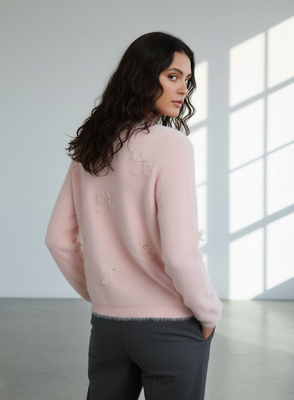 Fuzzy Bow Sweater - Pink