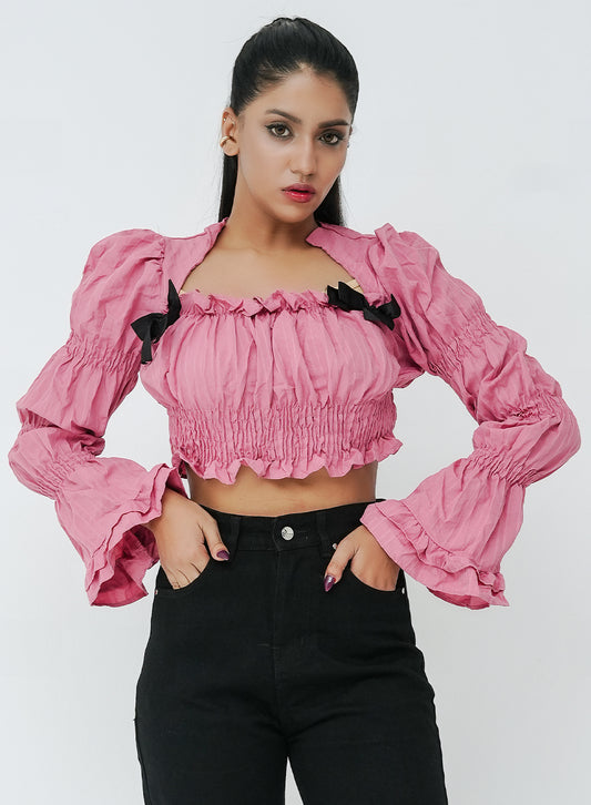 Pleated Tiered Sleeve Blouse - Mauve