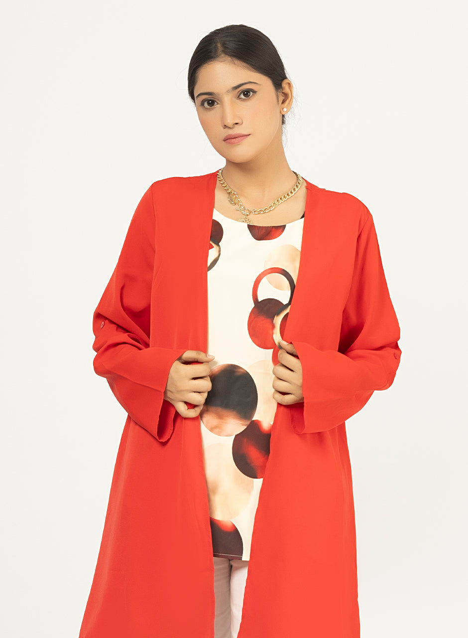 Red Cardigan With Printed Inner Top