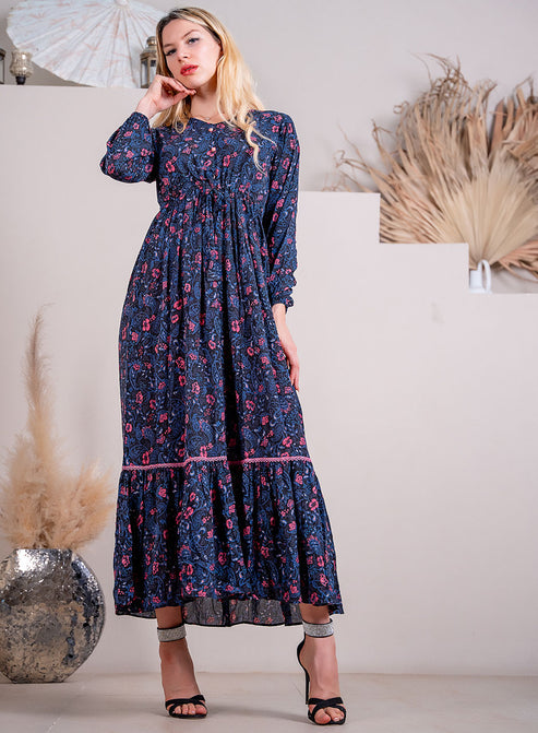 Dark Blue Maxi: Floral Splendor